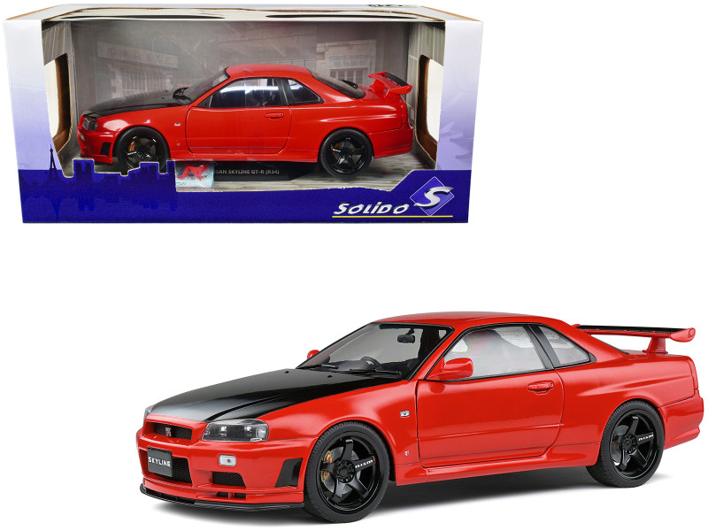 1999 Nissan Skyline GT-R R34 RHD Right Hand Drive Active Red with Black Hood 1/18 Diecast Model Car Solido S1804305