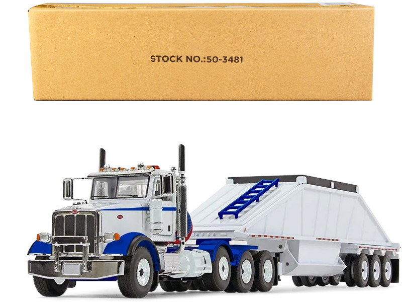 Peterbilt 367 Day Cab and Bottom Dump Trailer White and Surf Blue 1/50 Diecast Model First Gear 50-3481