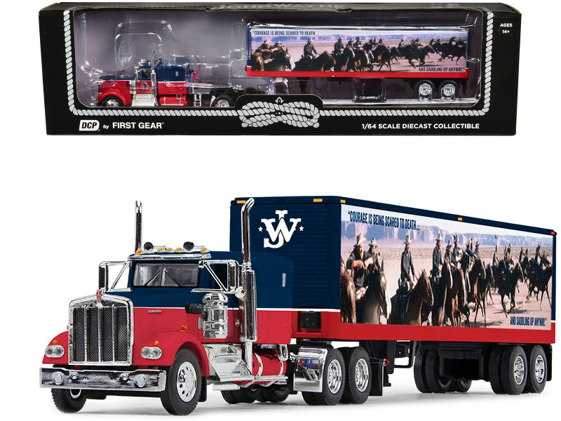 Kenworth W900A with 60" Sleeper and 40' Vintage Trailer "John Wayne: Courage" Dark Blue and Red 1/64 Diecast Model by DCP/First Gear