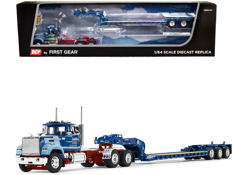 Mack Super-Liner Day Cab and Fontaine Magnitude Tri-Axle Lowboy Trailer Sid Kamp Blue 1/64 Diecast Model DCP/First Gear 60-1480