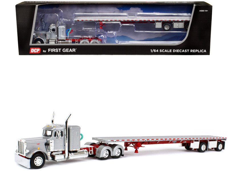 Peterbilt 359 with 36 Flat Top Sleeper and Wilson Roadbrute Spread-Axle Flatbed Trailer Silver and Red 1/64 Diecast Model DCP/First Gear 60-1540