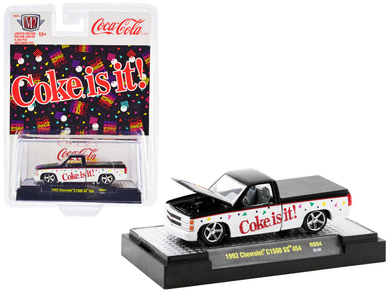 1992 Chevrolet C1500 SS 454 Pickup Truck Black and Bright White with Graphics "Coke is it!" Limited Edition to 4400 pieces Worldwide 1/64 Diecast Model Car by M2 Machines