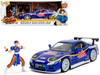 1993 Mazda RX-7 Candy Blue Metallic with Graphics and Chun-Li Diecast Figure Street Fighter Video Game Anime Hollywood Rides Series 1/24 Diecast Model Car Jada 30838