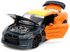 2009 Nissan GT-R R35 Orange and Dark Gray with Yellow Top and Graphics and Naruto Diecast Figure Naruto Shippuden 2009 2017 TV Series Anime Hollywood Rides Series 1/24 Diecast Model Car Jada 33691