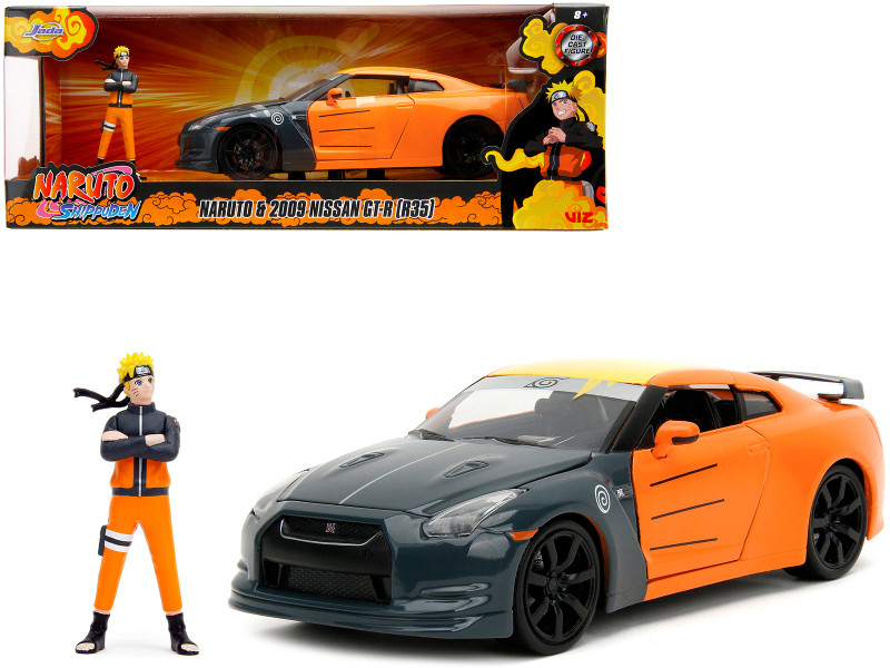 2009 Nissan GT-R R35 Orange and Dark Gray with Yellow Top and Graphics and Naruto Diecast Figure Naruto Shippuden 2009 2017 TV Series Anime Hollywood Rides Series 1/24 Diecast Model Car Jada 33691