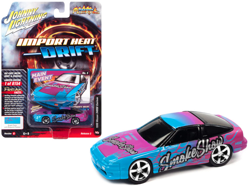 1990 Nissan 240SX Custom Bright Cyan Blue with Magenta Flames Smoke Show Import Hear Drift Series Limited Edition to 8154 pieces Worldwide 1/64 Diecast Model Car Johnny Lightning JLSF024-JLSP254A