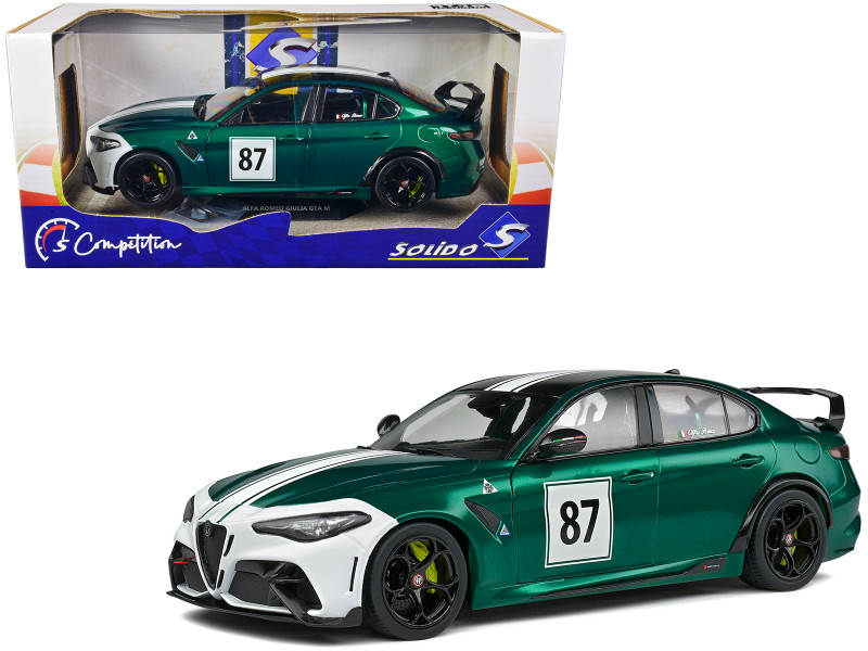 2021 Alfa Romeo Giulia GTA M #87 Green Metallic with Carbon Top and White Stripes Nurburgring 1973 Tribute Competition Series 1/18 Diecast Model Car Solido S1806902
