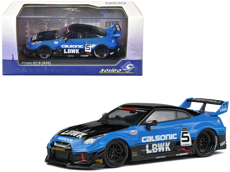 Nissan GT R R35 LB Silhouette Works GT RHD Right Hand Drive #5 Black and Blue Calsonic 1/43 Diecast Model Car Solido S4311202