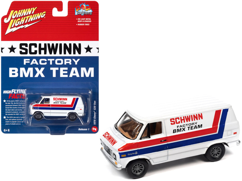 1976 Chevrolet G20 Van White with Stripes Schwinn Factory BMX Team Pop Culture 2023 Release 1 1/64 Diecast Model Car Johnny Lightning JLPC011-JLSP311