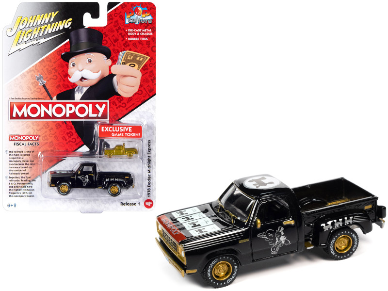 1978 Dodge Midnight Express Pickup Truck Black Railroad Tycoon with Game Token Monopoly Pop Culture 2023 Release 1 1/64 Diecast Model Car Johnny Lightning JLPC011-JLSP312