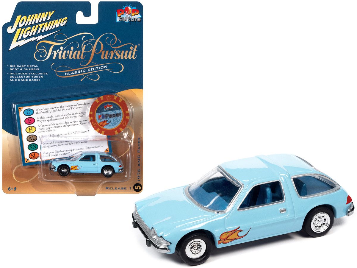 Diecast Model Cars wholesale toys dropshipper drop shipping 1976 AMC Pacer  Light Blue with Flames with Poker Chip and Game Card Trivial Pursuit Pop  Culture 2023 Release 1 1/64 Johnny Lightning JLPC011-JLSP313