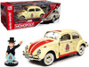 1963 Volkswagen Beetle Yukon Yellow with Monopoly Graphics Free Parking and Mr Monopoly Resin Figure 1/18 Diecast Model Car Auto World AWSS141