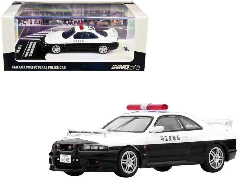 Nissan Skyline GT R R33 RHD Right Hand Drive Black and White Saitama Prefectural Police Car 1/64 Diecast Model Car Inno Models IN64-R33-JPC