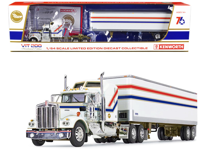 Kenworth W900A Aerodyne Sleeper and 40 Vintage Dry Goods Tandem Axle Trailer White with Stripes VIT200 Bicentennial 1/64 Diecast Model DCP/First Gear 69-1605