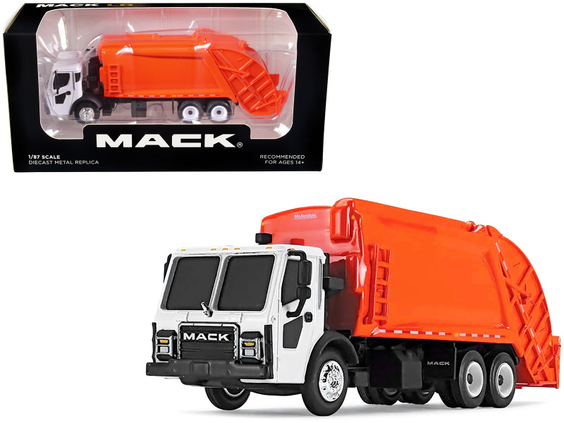 Mack LR with McNeilus Rear Load Refuse Body Orange and White 1/87 (HO) Diecast Model First Gear 80-0353