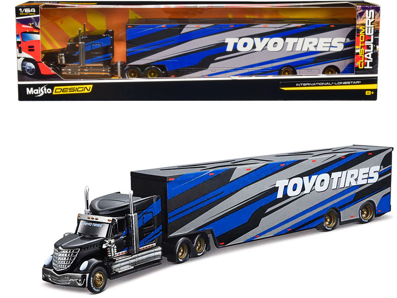 International LoneStar Enclosed Car Transporter Toyo Tires Black with Blue and Gray Stripes Custom Haulers Series 1/64 Diecast Model Maisto 12418-TO