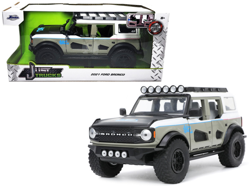 2021 Ford Bronco Gray and White with Matt Black Hood with Roof Rack M2 Motoring Just Trucks Series 1/24 Diecast Model Car Jada 33299