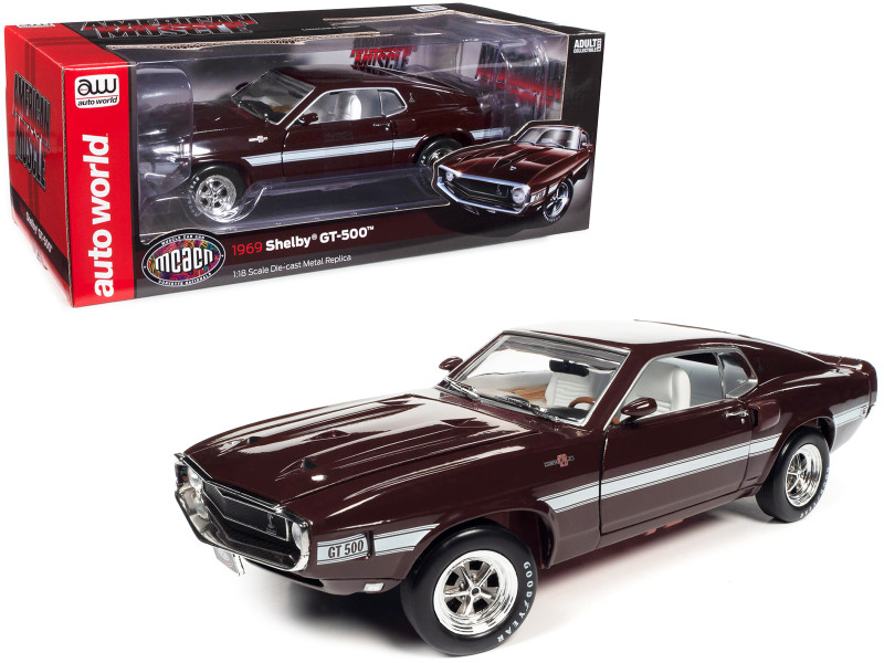 1969 Shelby Mustang GT 500 Royal Maroon with White Stripes and Interior Muscle Car & Corvette Nationals MCACN 1/18 Diecast Model Car Auto World AMM1290