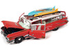 1959 Cadillac Eldorado Ambulance Red with White Top Malibu Beach Rescue Weathered with Surfboards on Roof Surf Shark 1/18 Diecast Model Car Auto World AW312