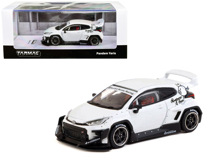 Toyota Yaris Pandem RHD Right Hand Drive White Metallic with Graphics Rocket Bunny Racing Road64 Series 1/64 Diecast Model Car Tarmac Works T64R-080-WH