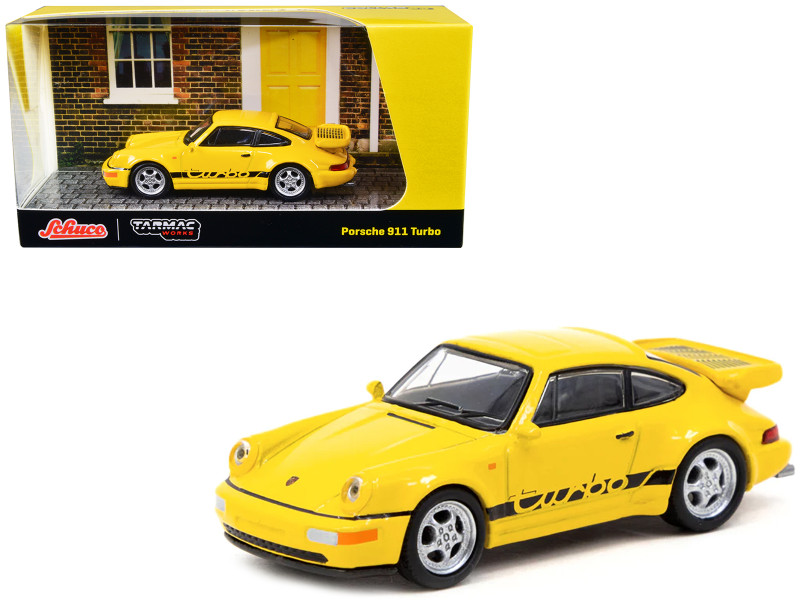 Porsche 911 Turbo Yellow with Black Stripes Collab64 Series 1/64 Diecast Model Car Shuco & Tarmac Works T64S-009-YL