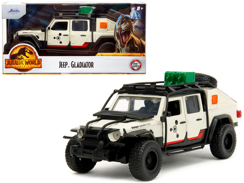 Jeep Gladiator Pickup Truck with Equipment Shell Beige with Graphics Biosyn Genetics Jurassic World Dominion 2022 Movie Hollywood Rides Series 1/32 Diecast Model Car Jada 34465