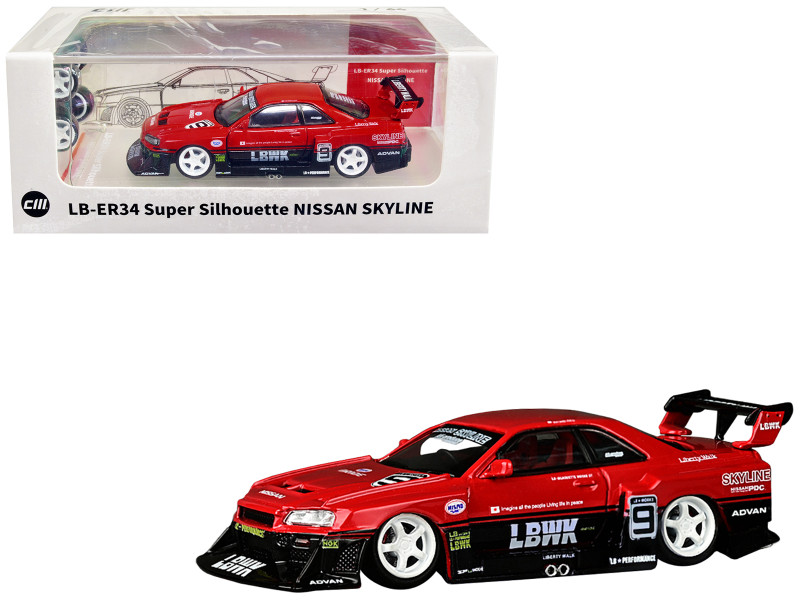 Nissan Skyline LB ER34 Super Silhouette 9 RHD Right Hand Drive Liberty Walk Red and Black with Extra Wheels 1/64 Diecast Model Car CM Models CM64-ER34-02