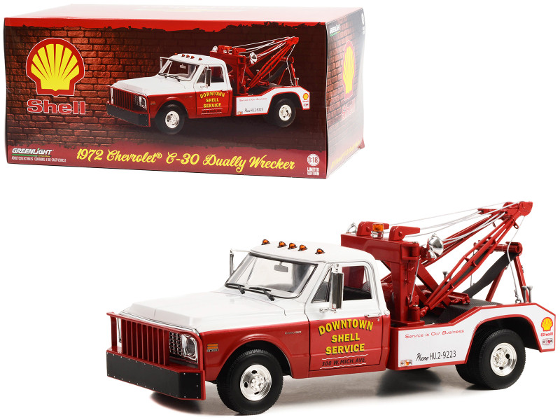 1972 Chevrolet C 30 Dually Wrecker Tow Truck Downtown Shell Service Service is Our Business White and Red 1/18 Diecast Model Car Greenlight 13654