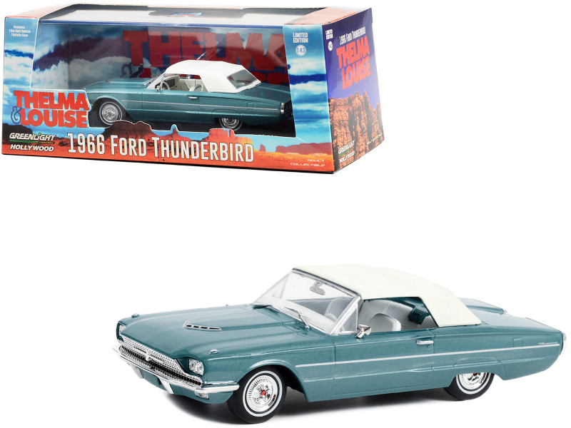 1966 Ford Thunderbird Convertible Top Up Light Blue Metallic with White Interior Thelma & Louise 1991 Movie Hollywood Series 1/43 Diecast Model Car Greenlight 86619