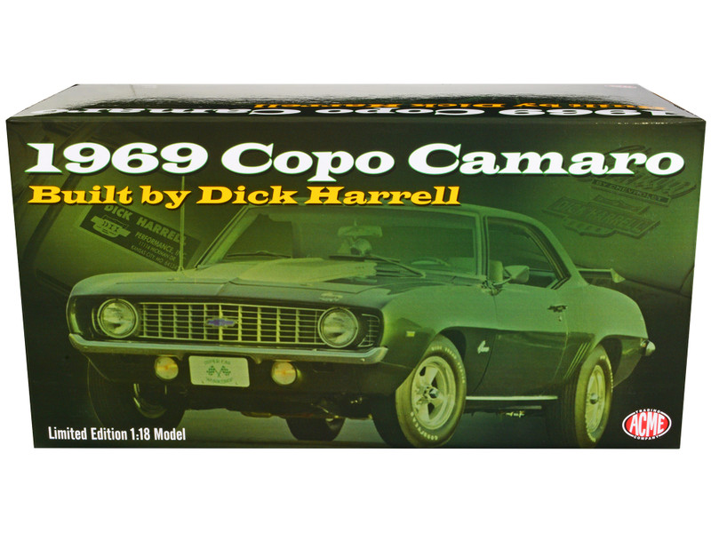 1969 Chevrolet Copo Camaro Dark Green Metallic White Hood Green Interior Built by Dick Harrell Limited Edition 864 pieces Worldwide 1/18 Diecast Model Car ACME A1805724