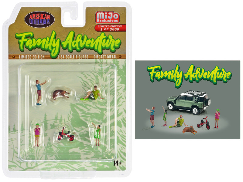 Family Adventure 6 piece Diecast Figure Set 4 Figures 1 Dog 1 Tricycle Limited Edition to 3600 pieces Worldwide 1/64 Scale Models American Diorama AD-76513MJ