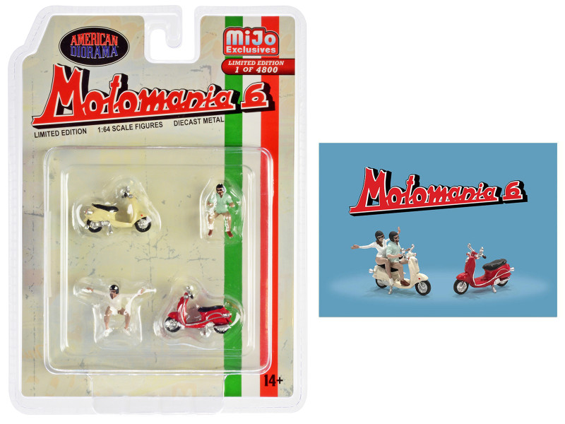 Motomania 6 4 piece Diecast Figure Set 2 Figures 2 Scooters Limited Edition to 4800 pieces Worldwide 1/64 Scale Models American Diorama AD-76515MJ