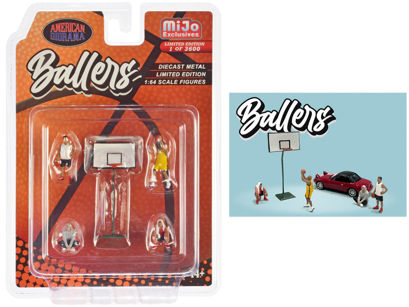 Ballers 5 piece Diecast Figure Set 4 Figures 1 Basketball Hoop Limited Edition to 3600 pieces Worldwide 1/64 Scale Models American Diorama AD-76516MJ