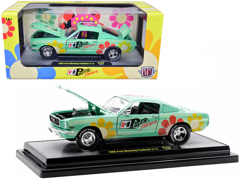 1966 Ford Mustang Fastback 2+2 Seafoam Green and Light Green Striped with Flower Graphics "Hurst Power Flowers" Limited Edition to 6550 pieces Worldwide 1/24 Diecast Model Car by M2 Machines