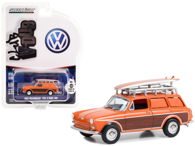 1963 Volkswagen Type 3 Panel Van Orange with Wood Panels with Roof Rack and Surfboard Club Vee V Dub Series 16 1/64 Diecast Model Car Greenlight 36070A