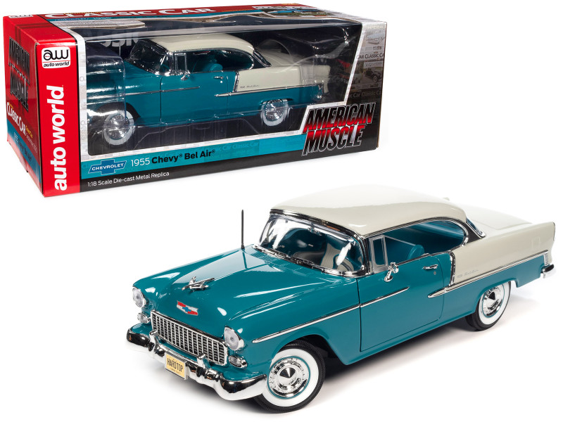 1955 Chevrolet Bel Air Skyline Blue and India Ivory White Hemmings Classic Car Magazine Cover Car American Muscle Series 1/18 Diecast Model Car Auto World AMM1295