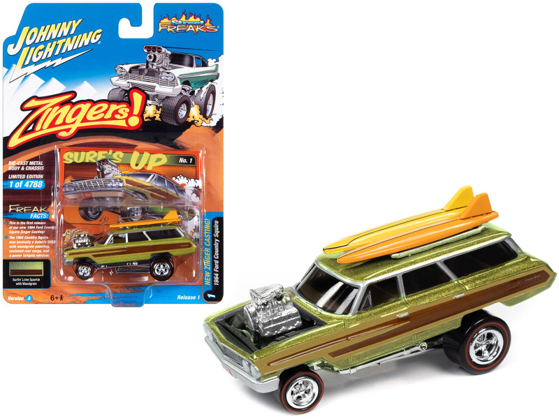 1964 Ford Country Squire Surfin Lime Metallic with Woodgrain Panels and Surfboard on Roof Zingers Limited Edition to 4788 pieces Worldwide Street Freaks Series 1/64 Diecast Model Car Johnny Lightning JLSF025-JLSP293A
