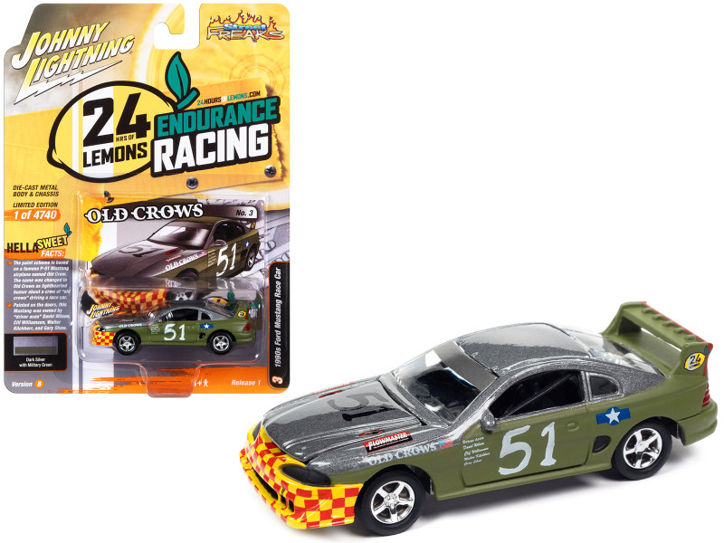 1990s Ford Mustang Race Car 51 Military Green and Dark Silver Metallic Old Crows 24 Hours of Lemons Limited Edition to 4740 pieces Worldwide Street Freaks Series 1/64 Diecast Model Car Johnny Lightning JLSF025-JLSP295B
