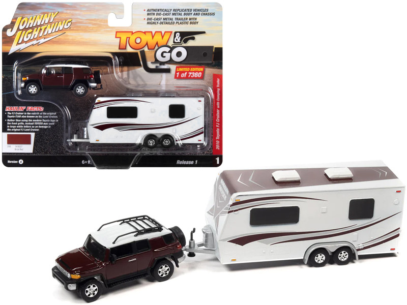 2010 Toyota FJ Cruiser Brick Red with White Top and Roof Rack with Camping Trailer Limited Edition to 7360 pieces Worldwide Tow & Go Series 1/64 Diecast Model Car Johnny Lightning JLBT017-JLSP315A
