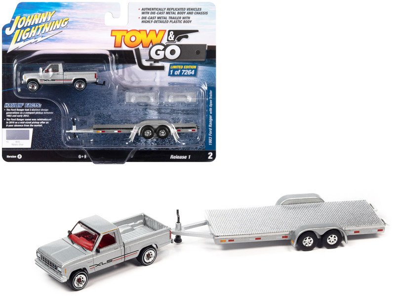 1983 Ford Ranger XLS Pickup Truck Silver Metallic with Red Interior with Open Flatbed Trailer Limited Edition to 7264 pieces Worldwide Tow & Go Series 1/64 Diecast Model Car Johnny Lightning JLBT017-JLSP316B
