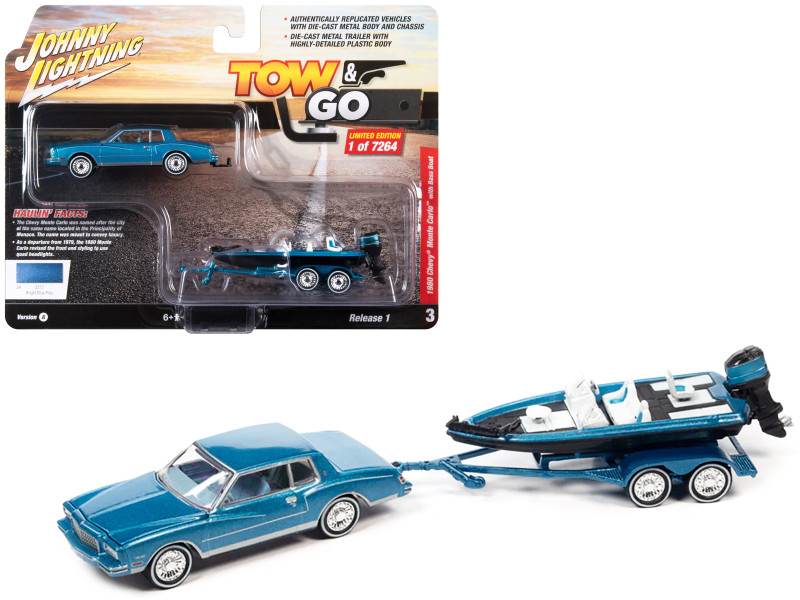 1980 Chevrolet Monte Carlo Bright Blue Metallic with Blue Interior with Bass Boat and Trailer Limited Edition to 7264 pieces Worldwide Tow & Go Series 1/64 Diecast Model Car Johnny Lightning JLBT017-JLSP317A