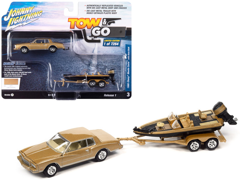 1980 Chevrolet Monte Carlo Light Camel Gold Metallic with Bass Boat and Trailer Limited Edition to 7264 pieces Worldwide Tow & Go Series 1/64 Diecast Model Car Johnny Lightning JLBT017-JLSP317B
