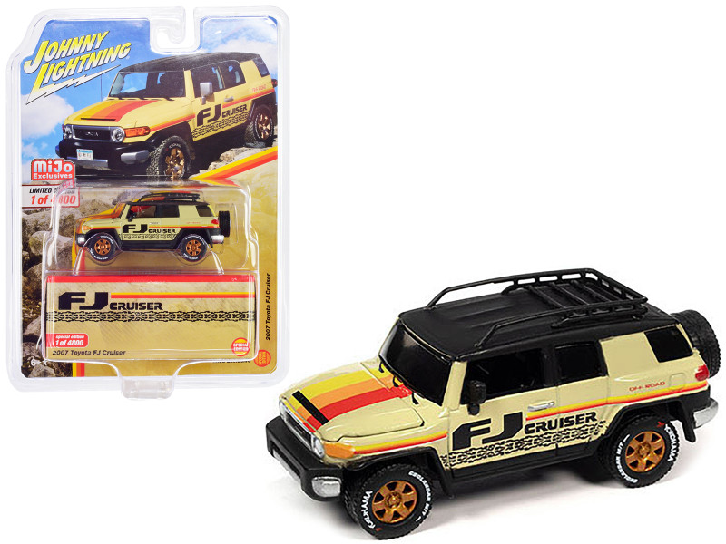 2007 Toyota FJ Cruiser Beige with Stripes and Black Top with Roofrack Limited Edition to 4800 pieces Worldwide 1/64 Diecast Model Car Johnny Lightning JLCP7416