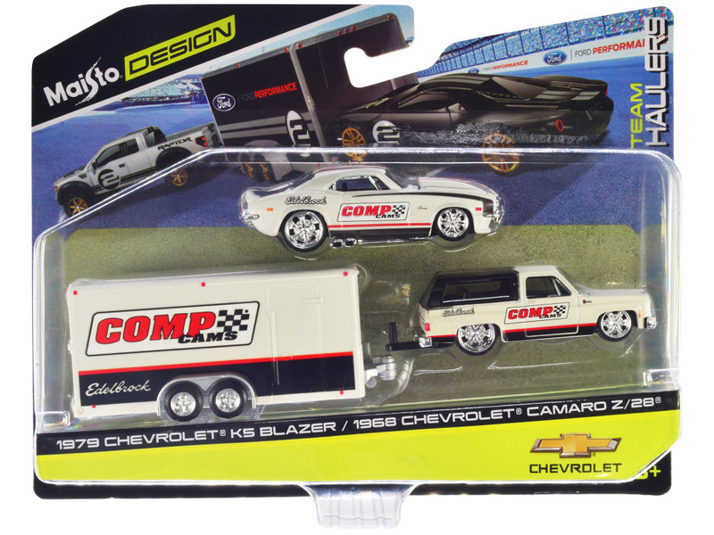 1979 Chevrolet K5 Blazer White and Black and 1968 Chevrolet Camaro Z 28 White with Stripes with Enclosed Car Trailer Comp Cams Edlebrock Team Haulers Series 1/64 Diecast Model Car Maisto 11404-22A