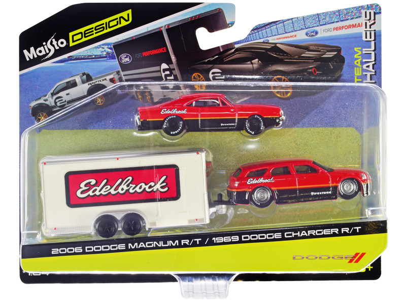 2006 Dodge Magnum R T Red and Black and 1969 Dodge Charger R T Red and Black with Enclosed Car Trailer Edelbrock Team Haulers Series 1/64 Diecast Model Car Maisto 11404-22C