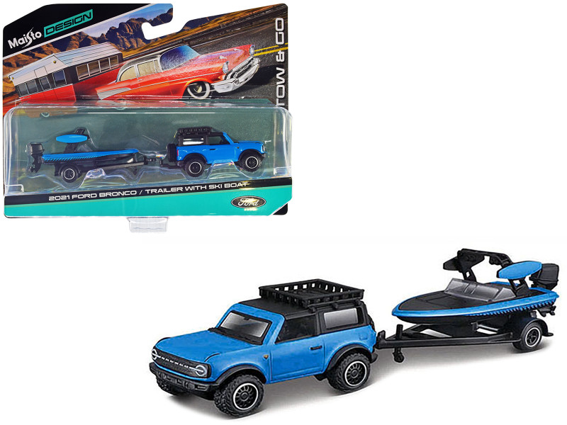 2021 Ford Bronco Blue with Black Top and Roof Rack and Ski Boat with Trailer Blue and Black Tow & Go Series 1/64 Diecast Model Car Maisto 15368-22D