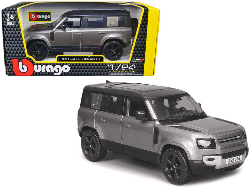 2022 Land Rover Defender 110 Dark Silver Metallic with Black Top and Sunroof 1/24 Diecast Model Car Bburago 21101sil