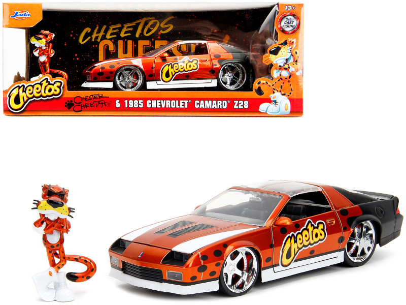 1985 Chevrolet Camaro Z 28 Orange Metallic with Graphics and Chester Cheetah Diecast Figure Cheetos Hollywood Rides Series 1/24 Diecast Model Car Jada 34384