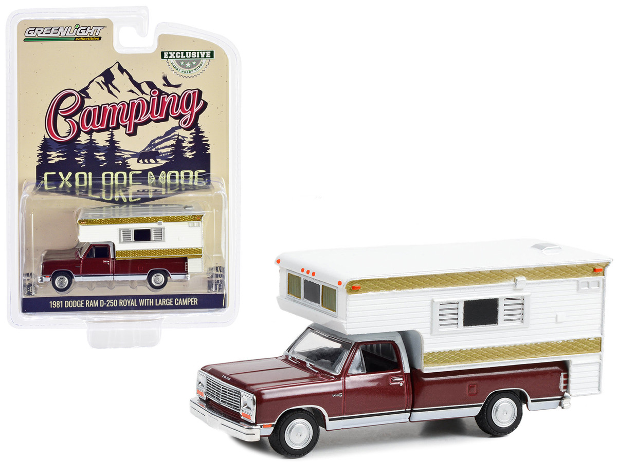 Diecast Model Cars wholesale toys dropshipper drop shipping 1981 Dodge Ram  D 250 Royal Pickup Truck Crimson Red and Pearl White with Large Camper  Hobby Exclusive Series 1/64 Greenlight 30409 drop shipping