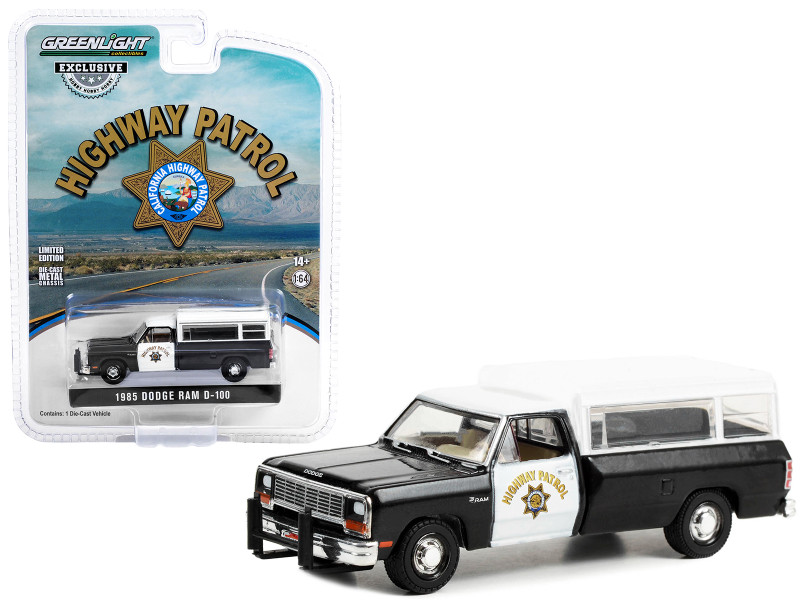 1985 Dodge Ram D 100 Pickup Truck Black and White California Highway Patrol with Camper Shell Hobby Exclusive Series 1/64 Diecast Model Car Greenlight 30414